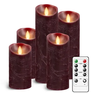 AnnSpa 5 Set Rot LED Kerzen Batteriebetriebene mit Fernbedienung, Flammenlose Echtes Wachs Flackern Moving Wick Flackern Amber Yellow Light Pillar Candles, Unscented Wachs für Geschenk/Dekoration