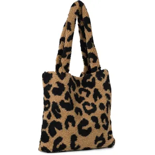 styleBREAKER Damen Shopper Tasche Teddyfell Optik Leo Muster | Große Schultertasche & Beuteltasche | Weiche Viskose & Magnetverschluss | Animal Print Plüsch Bag für Herbst Winter, Farbe:Braun-Schwarz