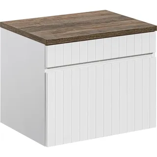 Badezimmerschrank weiß geriffelt 60 cm mit Eiche vintage Platte - Weiß