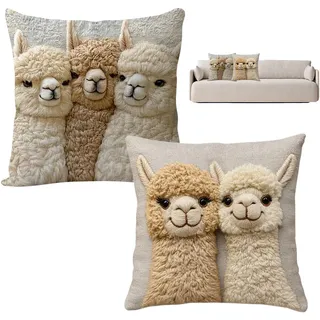 Toimveok 2 Pcs Deko Kissen Deko Kissen Wohnzimmer Kissen Landhausstil Alpaca Pillow Kissenbezüge Niedliche Weiche Tiere Tier-Stickerei Drucken Dekokissenbezug Brau Beige Alpaka Muster 45x45cm