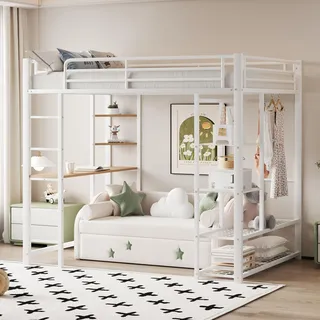 Ball & Cast Hochbett (90x200cm) mit Sicherheitsleiter, Hängebarer Tisch und Lagerregal, Metall-Sicherheitszaun, Stabil & Rauschlos, Weiß