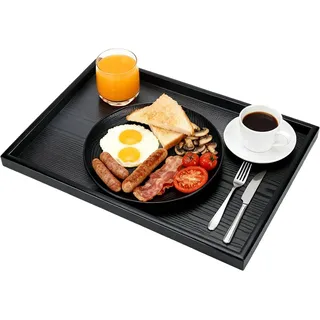 Deko Tablett Schwarz Rechteckig, 36x27cm Holz Tablett, Frühstückstafel im Bett, Snack Serviertablett für Wohnzimmer, Terrasse, Party, Badezimmer