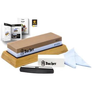 Bacher Premium Schleifstein. Zweiseitig, Körnung 400/1000 Wetzstein Abziehsteine. Messerschärfer Wasserstein mit rutschfestem Bambusblock, Läppstein, Schleifhilfe und detaillierter eBook-Anleitung