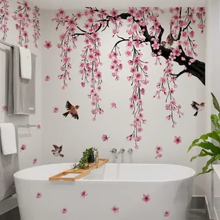 WandSticker4U®- [Extra groß] Wandtattoo Baum XXL KIRSCHBLÜTENBAUM in Rosa (185x135 cm) I Aquarell Wandaufkleber hängende Blumen Blüten Vögel I Wandsticker Wohnzimmer Schlafzimmer Erwachsene Kinder