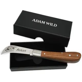 ADAM WILD Pilzmesser mit Gravur | personalisiertes Geschenk für Pilzsammler | Schonende Pilzernte | klappbares Taschenmesser, gebogene Edelstahlklinge & Holzgriff | Outdoor & Naturfreunde | Lasergravur