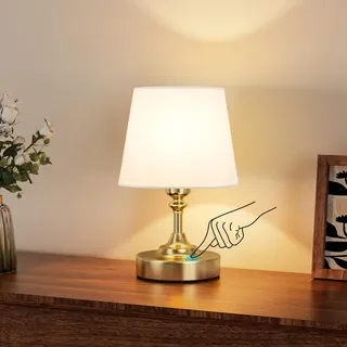 PreeOtti Tischlampe Kabellos, LED Nachttischlampe Touch Akku, Stufenlos Dimmbar, Weißer Leinenschirm, Wiederaufladbar Kleine Lampe mit USB-C Aufladbar für Nachttisch Esszimmer Wohnzimmer Deko(Messing)
