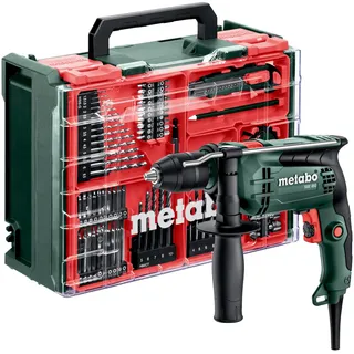 Metabo Schlagbohrmaschine SBE 650 Set - 650 W, 10 Nm, inkl. 78-tlg. Zubehör im Koffer - Bohrmaschine für Beton, Holz, Stahl & Mauerwerk - Schnellspannbohrfutter, Rechts-/Linkslauf, Vario-Elektronik