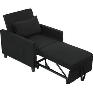 3-in-1 Schlafsessel, Klappbett mit Bettfunktion, Lendenkissen, Klappbar Liegestuhl mit Verstellbarer Rückenlehne, Rollen, Seitentasche, für Wohnzimmer, Kord, Schwarz - Schwarz