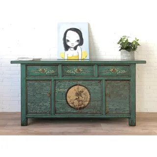 Sideboard Kommode Schrank Lowboard Möbel chinesisch asiatisch orientalisch smaragd-grün Büffet Anrichte Vintage Shabby Chic Landhaus Antik Stil China Asia - Grün, Beige