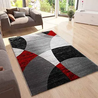 Vimoda Teppich Geometrische Kreismuster Meliert in Grau Weiß Schwarz und Rot, Maße:160x220 cm