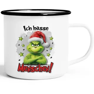 MoonWorks® Emaille-Tasse Weihnachtsnörgler Geschenk für Weihnachtsmuffel Ich hasse Menschen Emaillebecher Weihnachtstasse lustig Emaille-weiss-schwarz standard