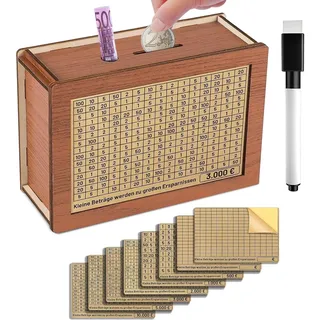 NHDDGR Holz-Spardose - Zieleinstellungen für 500€, 1.000€, 3.000€, 5.000€, 8.000€, 10.000€ - Abnehmbare Markierungen - Unisex - Für Erwachsene und Familien - Brown