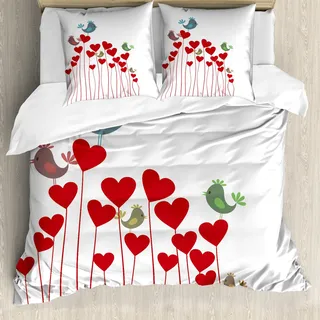 ABAKUHAUS Liebe Bettbezug Set, Vogel Singt Herzen, Die Frühlings Garten Reizenden Orientalen Twitting Sind, 200 x 200 cm + 80 x 80 cm, Kadett Blau Lila