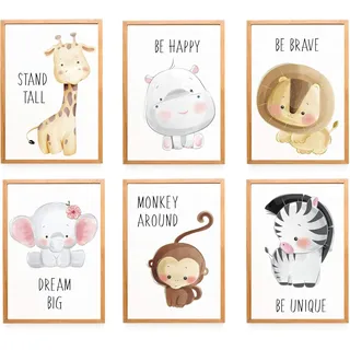 WIETRE 6er Set Bilder Tiere Kinderzimmer Babyzimmer Deko | Bild Junge Mädchen Poster DIN A3 XXL | Waldtiere Safari Afrika Tiere Tierposter Dekoration (ohne Rahmen)