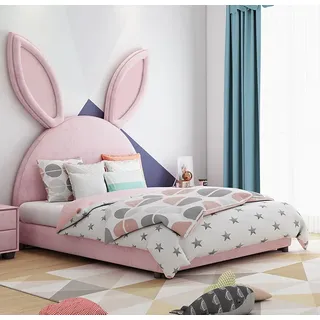 360Home Mädchen Jugendbett Kinderbett Mädchenbett Rosa Romantic Kinderzimmer Hase 1500*2000mm mit Stauraum - Rosa