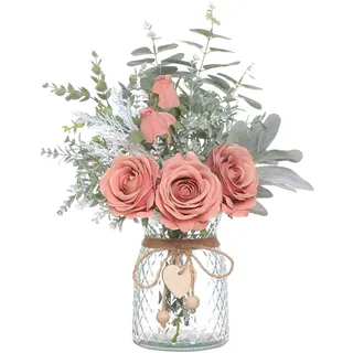 VIERENA Kunstblumen mit Vase, künstliche Seidenrosen in Vase, künstliche Pflanze, Eukalyptus-Blumenarrangement für Zuhause, Büro, Bauernhaus, Badezimmer, Dekorationen, Couchtisch-Dekoration (Altrosa)
