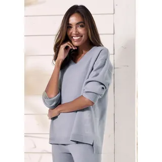 Sweater ELBSAND, Damen, Gr. 40/42, blau (rauchblau meliert), Feinstrick, Obermaterial: 50% Viskose, 28% Polyester, 22% Polyamid, meliert, unifarben, bequem hüftlang, V-Ausschnitt, Sweatshirts Sweater, aus hochwertigen Strick