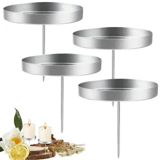 Taufkerzenhalter 4 Kerzenstecker Zum Stecken Metall Stoff Nagel Kerzenhalter mit Spieß Wurzelholz Deko Kerzenständer Kommunion Stumpenkerzen Stumpenkerzenhalter Homeoffice Deko(Silber, Scheibe (1))