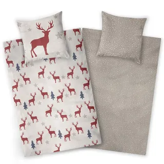 Aminata kids Biber Bettwäsche 135x200 cm Hirsch-Motiv 100% Baumwolle Grau Rot - Winter Bettwäsche Weihnachten - Elch Rentier Kinder Erwachsene warm weich