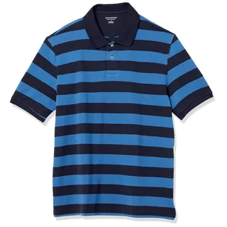 Amazon Essentials Herren-Poloshirt aus Baumwollpiqué, normale Passform (erhältlich in Big & Tall), Schwarz / Blau gestreift, Größe L