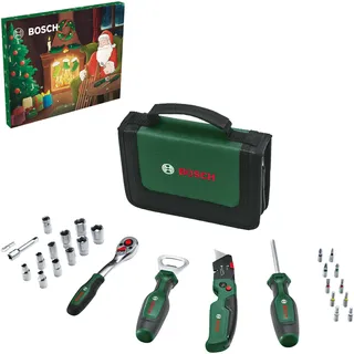 Bosch Adventskalender 2023, 28-teilig, für Heimwerker (Werkzeug-Set mit 1⁄4"-Ratsche, Universal-Schraubendreher, Klappmesser, Flaschenöffner, Bits und Steckschlüsseleinsätze; in Aufbewahrungstasche)