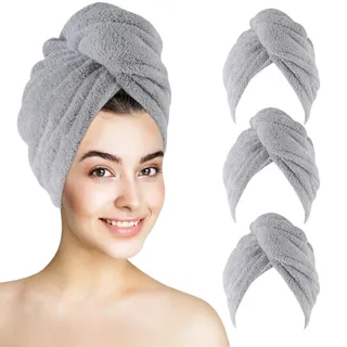 KinHwa Turban Handtuch mit Knopf Bambus Mikrofaser Haarturban für die Haare Kohlefaser Haarhandtuch schnelltrocknend Super saugfähig und weich für Lange Haare und alle Haartypen 25x65cm 3 Stück