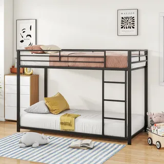 Etagenbett mit 2 Schlafgelegenheiten, Lattenrost und Leiter, 90x200 cm, Kinderbett mit Rausfallschutz, Metallbett - Schwarz