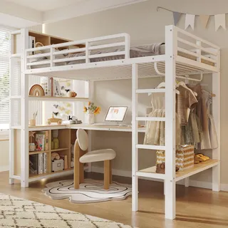 Merax Etagenbett Hochbett 90x200 cm, Kinderhochbett mit Schreibtisch, Kleiderstange, Regalen und Staufächern, Metall-MDF, Jugendbett, Weiß - Weiß