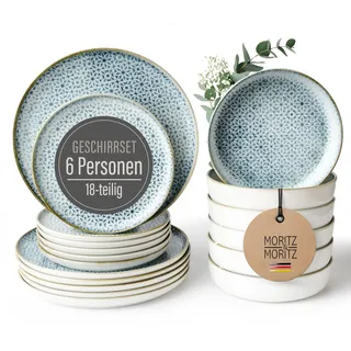 Moritz & Moritz Geschirrset 6 Personen 18-tlg. - Servierteller, Suppenteller & Dessertteller - Modernes Geschirr Set in Blau, spülmaschinenfest & mikrowellengeeignet - Serie Alhambra