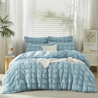 YASMENG Seersucker Bettwäsche 135x200 4teilig Blau Kariert Bettbezug Set Mikrofaser Bettwäsche Sommer Weich Flauschig Atmungsaktiv Deckebezug mit Reißverschluss und 2 Kissenbezüge 80x80 cm