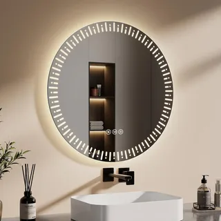 EMKE Badspiegel mit Beleuchtung LED Spiegel 70 cm mit beschlagfrei, Dimmbar 3 Lichtfarbe Rund Badezimmerspiegel Wandspiegel mit Touchschalter