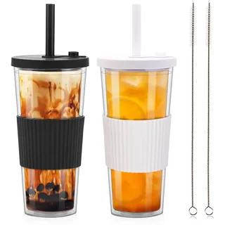 ZgoEC 24oz Bubble Tea Becher mit Strohhalm, 2er Trinkbecher mit Deckel und Strohhalm, Doppelwandig Isoliert Plastikbecher, Smoothie Becher Eiskaffee Tumbler Cup für Saft Milchshakes, Geschenk