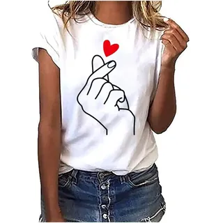 Tshirt Damen Lässige Elektrokardiogramm Druck Oberteile Herzschlagkurve Pullover T-shirt Einfarbiges Basic Shirt Rundhals Kurzarm Sommer Tops Lockere All-Match Tunika Bluse Laufshirt Sportshirt