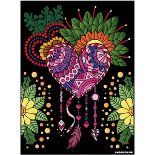 LudoColor - Bild aus Samt zum Ausmalen, Motiv: Mandala, Herz, weiß und schwarz
