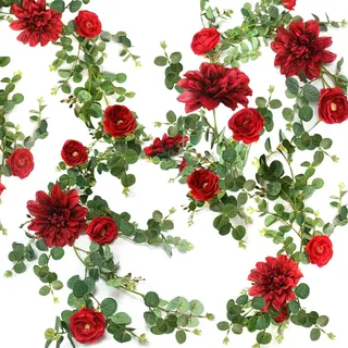 OrgMemory Blumengirlande Grün, Eukalyptus Girlande Deko, 190cm, Hochzeit Blumen, Bünstliche Blumengirlanden für Hochzeit Tür Dekoration Wand hängende Pflanze (Burgundy)