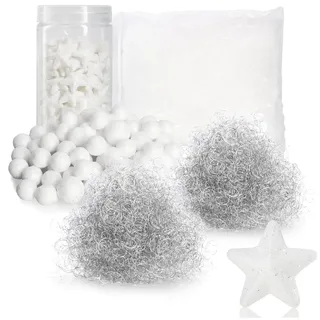 com-four® 5-teiliges Bastelset, Deko Schnee Kugeln, Engelshaar | Deko Sterne & Kunstschnee - Kreatives Zubehör für Weihnachtsdeko - Winterbasteln & festliche Handarbeiten