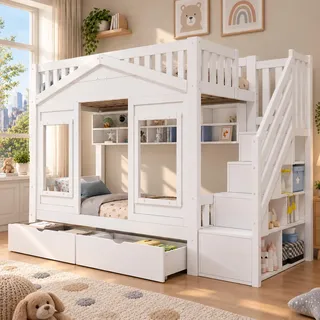 Etagenbett Hochbett Kinderbett 90 x 200 cm mit Rausfallschutz, Stauraumtreppe und Haus-Design, Massivholz in Weiß - Weiß