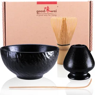 Goodwei Matcha Set mit Matcha Besen, Matchalöffel und Matcha Schale mit Besenhalter aus Keramik im passenden Design | Kunstvoll gefertigte Schale mit Steinstruktur | Geschenkset (Rokku Kuro, 80)