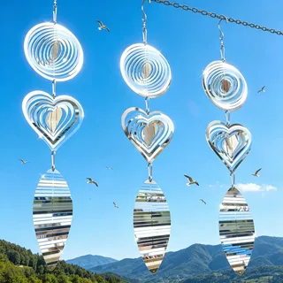 3 Stück 3D Windspiel Edelstahl, Vogelabwehr Windspiel, Spiegelpoliert Vogelabwehr Garten, Reflektierender Vogelvertreiber, 360° Metall hängend, Vogelschreck für Vogelbalkon Gartendekoration