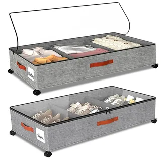 SPEEDEVE 2 Stück Unterbett Aufbewahrungsbox 50L Unterbettkommode mit Rollen & Verstellbar Trennwand Bettkasten Organizer Unterbettbox für Kleidung Schuhe Decken Bettwäsche,Grau-stil 2,2er-Pack