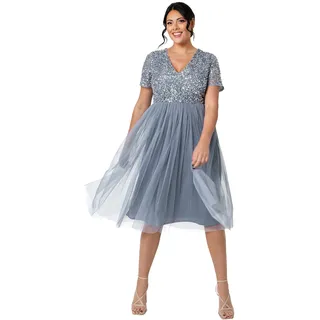 Maya Deluxe Damen Midi-Kleid mit V-Ausschnitt, Verziert Brautjungfernkleid, Dusty Blue, 56