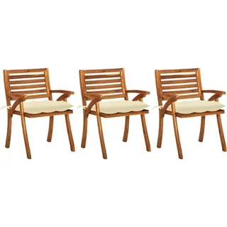 Garten-Essstühle mit Kissen 3 Stk. Massivholz Akazie - Creme, Bunt