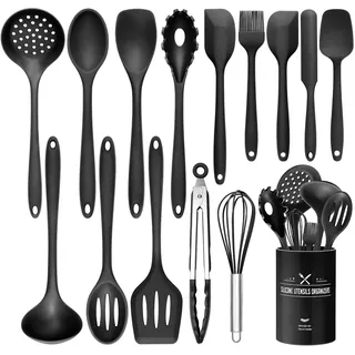 Wildone 15-teiliges Silikon Küchenutensilien-Set, Hitzebeständig, Spülmaschinenfest, Antihaftbeschichtet (Schwarz)