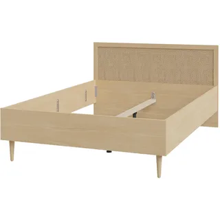 FORTE Calasetta Bett 140 x 200 cm Boho Stil Wiener Geflecht Holz Dekor: Elegancia Eiche/Technorattan, 147 cm breit x 90 cm hoch x 206 cm tief