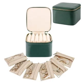 Aucuu Reise Schmuckkästchen, Schmuckkasten Klein mit 6 Schmuckbeutel, PU-Leder Schmuck Organizer, Schmuckschatulle, Schmuckaufbewahrung für Ohrringe Ketten Ringe Armbänder, für Mädchen Frauen