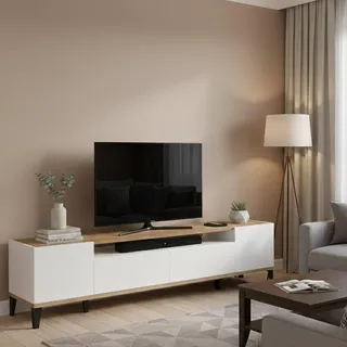 Dmora - TV-Schrank Raffaele, niedriges Wohnzimmer-Sideboard mit 2 Türen, Fernsehständer-Basis, 100 % Made in Italy, 200 x 40 x 47 cm, glänzendes Weiß und Ahorn,