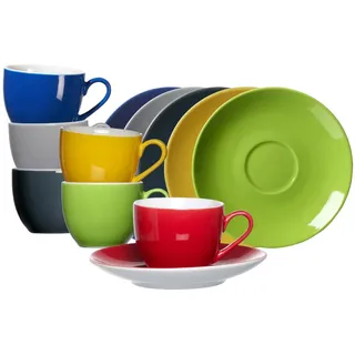 Espressotasse RITZENHOFF & BREKER "Espressotassen mit Untertassen Doppio 80 ml 6er Set bunt", bunt, B:12cm H:7cm Ø:12cm, Porzellan, Trinkgefäße, Espressotasse, Spülmaschinenfest, Mikrowellensicher