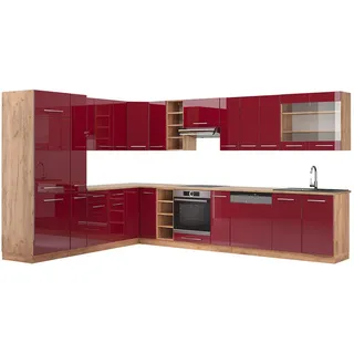 Vicco Winkelküche L-Form 347 x 257 cm Bordeaux Hochglanz/Goldkraft Eiche