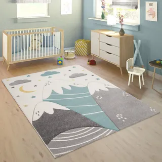 Paco Home Kinderteppich "Cosmo 707", rechteckig 13 mm Höhe 3D-Design, niedliches Motiv Berge & Sterne, Pastell-Farben,