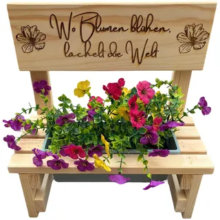 Blumenbank aus Holz mit Gravur,Dekorative Pflanzbank mit Blumenkasten,Geschenk für Mama,Oma,Opa–Gartenbank für Balkon&Terrasse, Outdoor Muttertag (Wo Blumen blühen lächelt die Welt)
